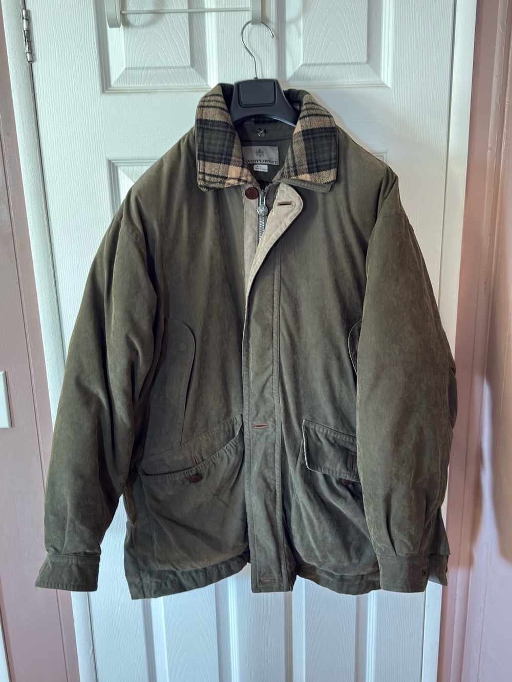 RAINFOREST REMOVABLE DOWN LINER KHAKI GREEN JACKET LEATHER COLLAR SIZE L $379